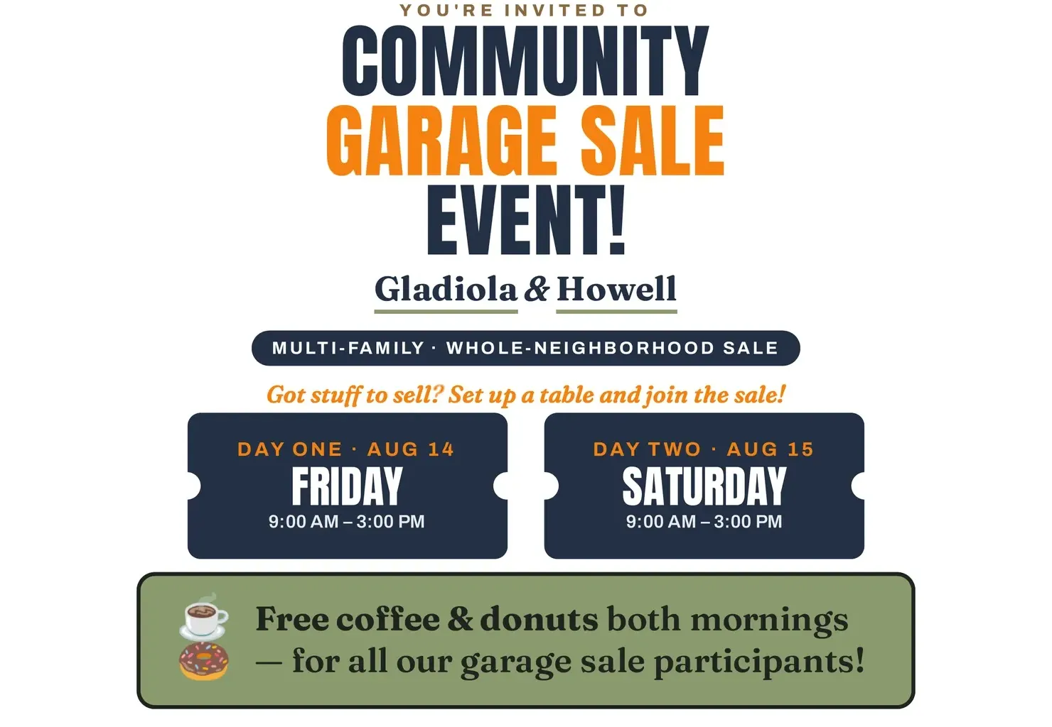 Community Garage Sale Event flyer for Gladiola & Howell in Arvada, Colorado, August 14-15