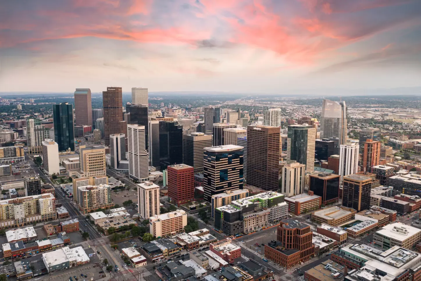 Aerial view of the Denver skyline at sunset