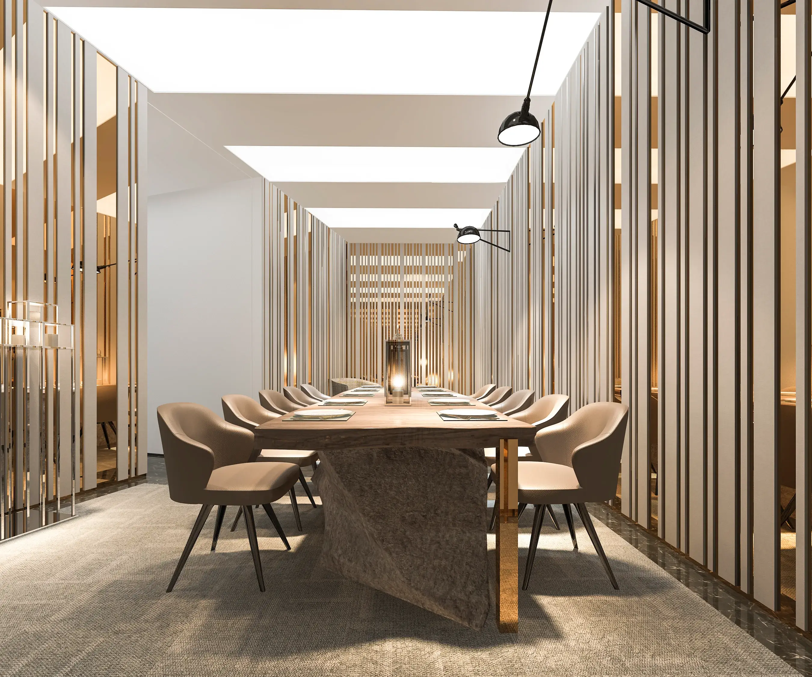 A modern meeting room with a long live-edge table and slatted wood walls