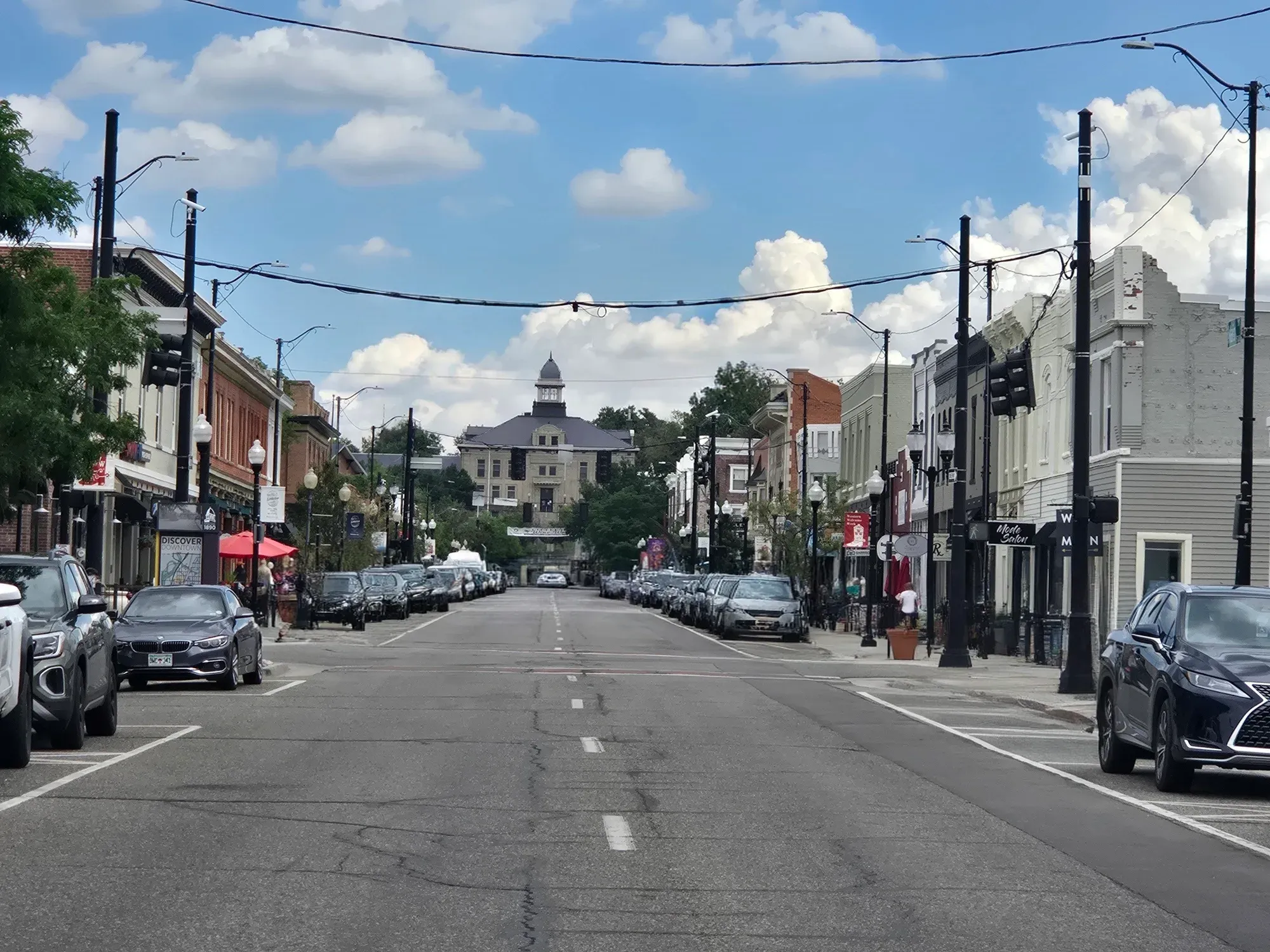 The historic Main Street in downtown Littleton, Colorado and the nearby Platte River Trail