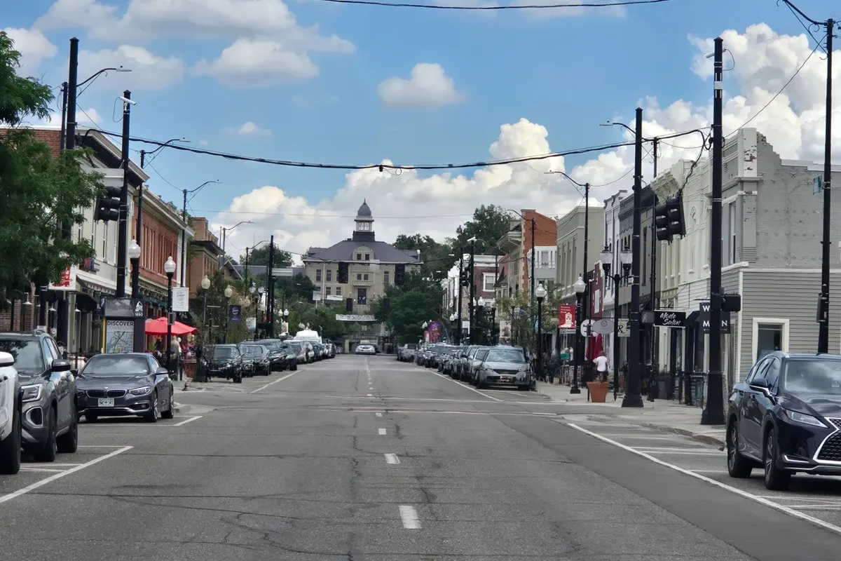 The historic Main Street in downtown Littleton, Colorado and the nearby Platte River Trail