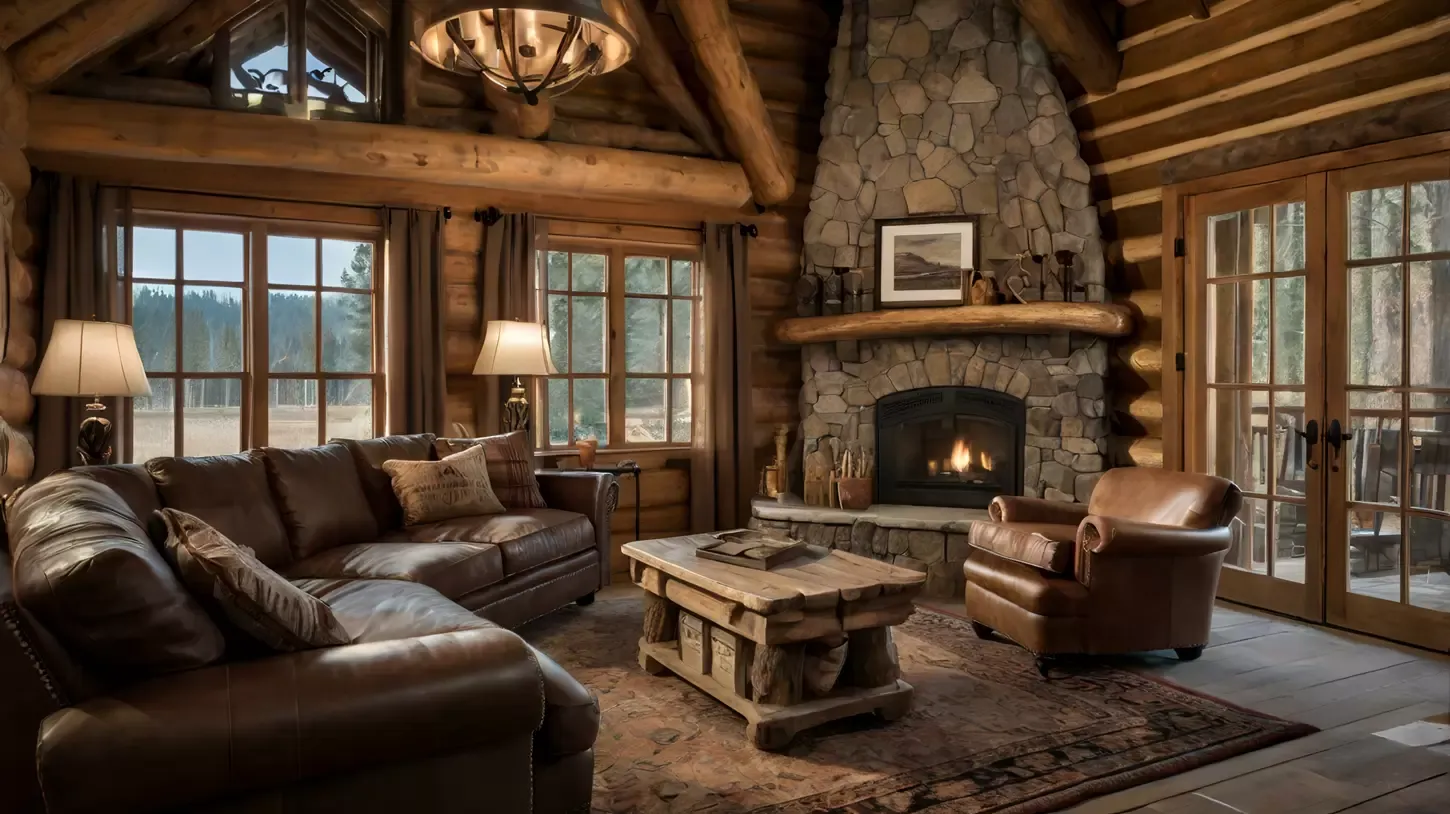 Cozy mountain cabin living room with a stone fireplace